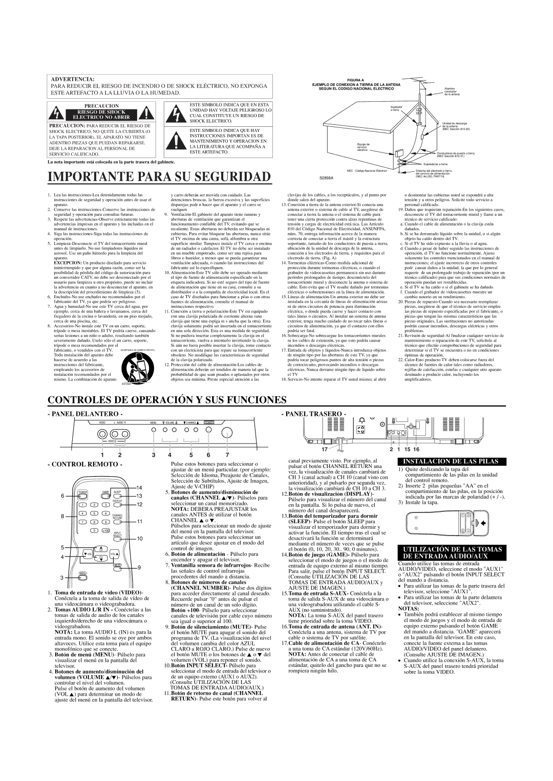 Emerson EWF2702 owner manual Importante Para SU Seguridad, Panel Trasero, Control Remoto, Instalacion DE LAS Pilas 