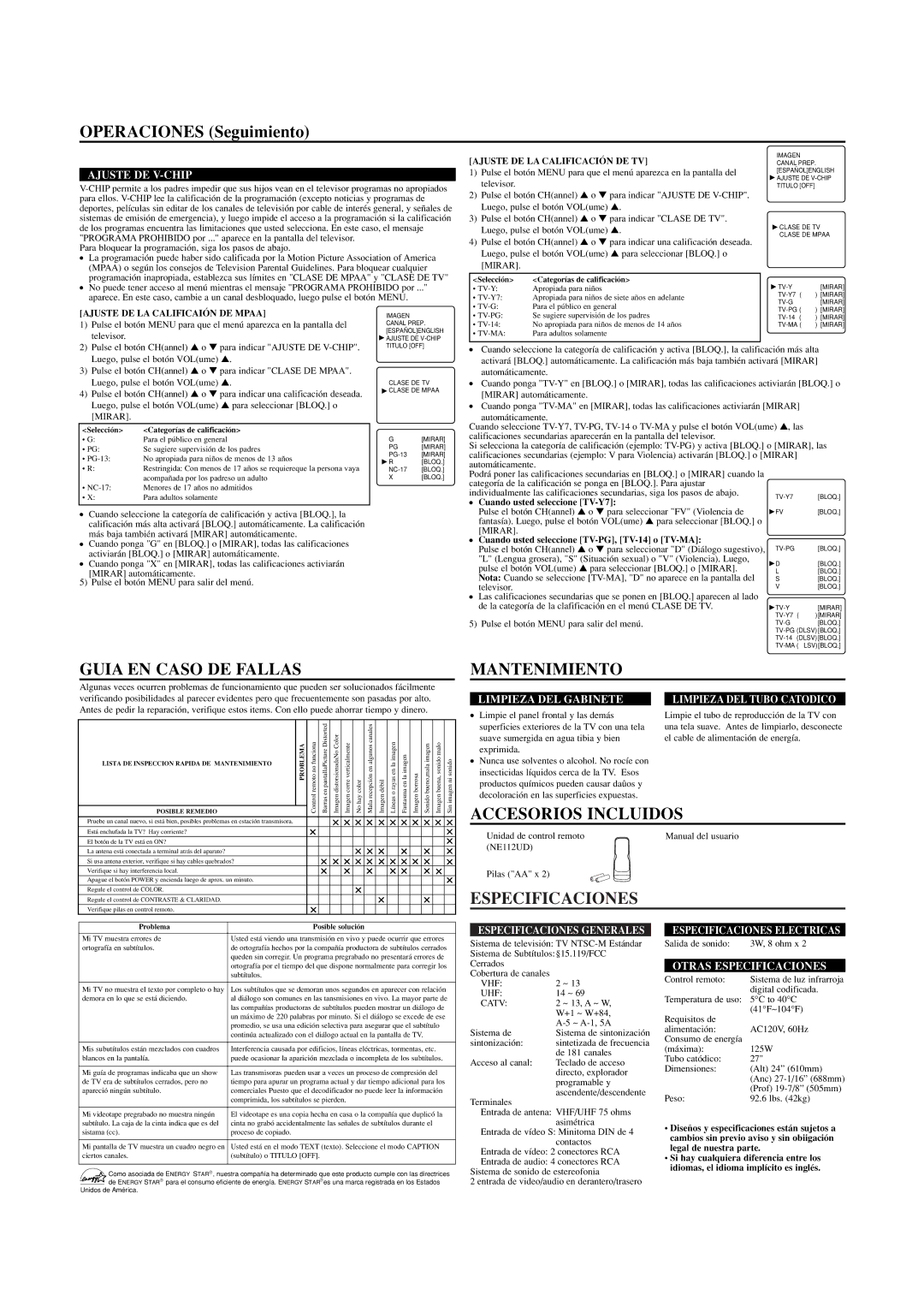 Emerson EWF2702 Operaciones Seguimiento, Guia EN Caso DE Fallas, Mantenimiento, Accesorios Incluidos, Especificaciones 