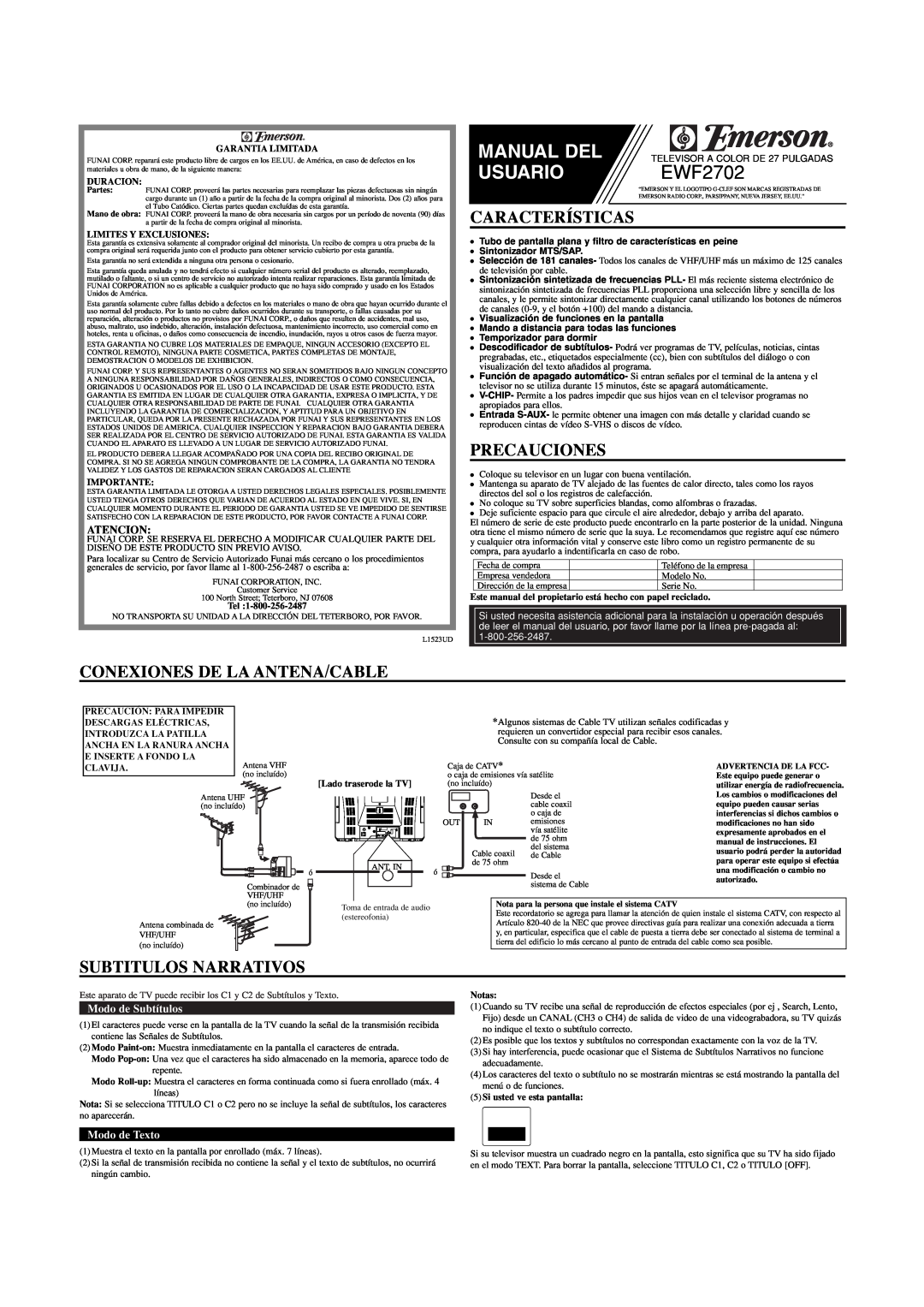 Emerson EWF2702 Características, Precauciones, Conexiones De La Antena/Cable, Subtitulos Narrativos, Atencion, Manual Del 