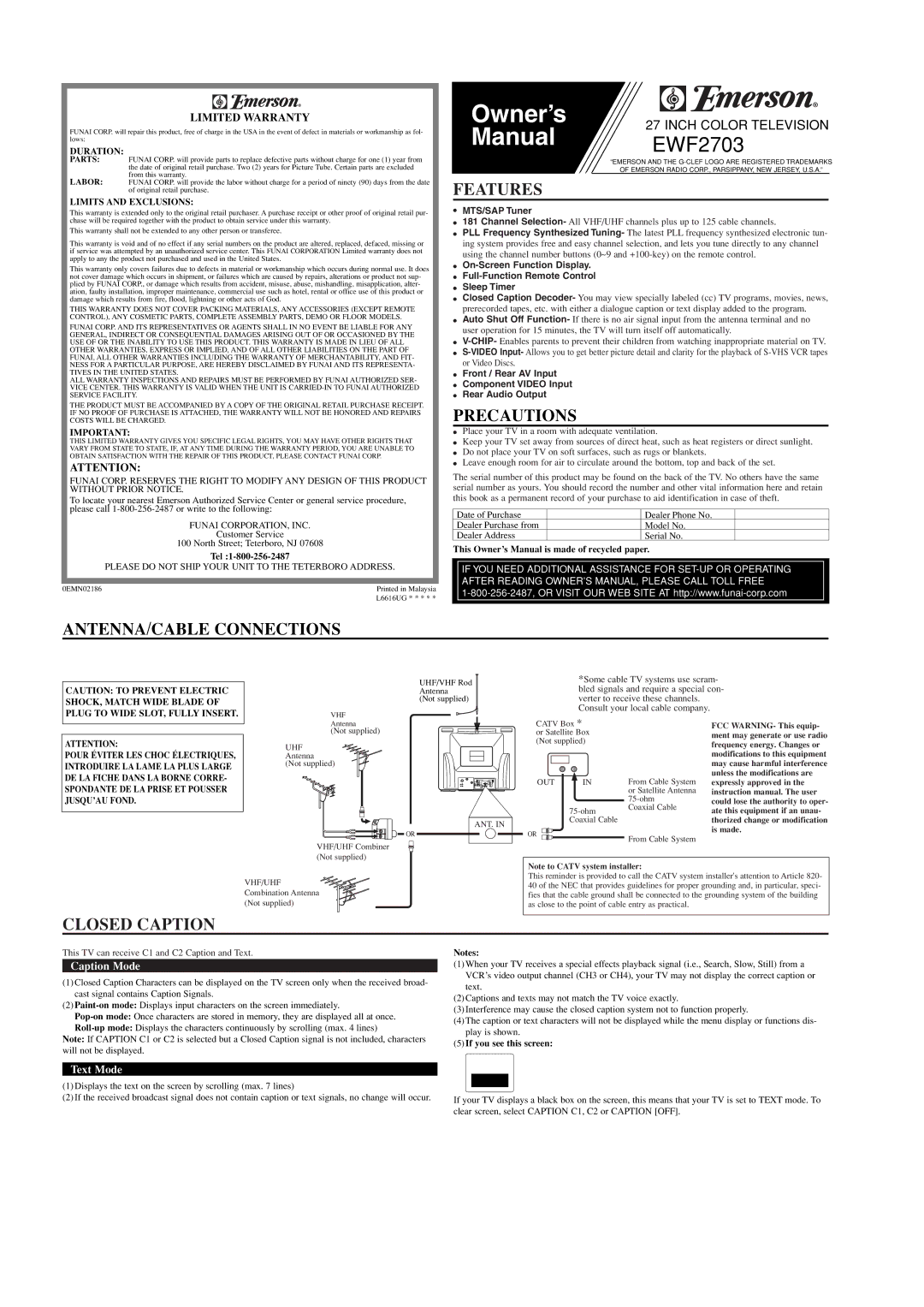 Emerson EWF2703 owner manual Features, Precautions, ANTENNA/CABLE Connections, Closed Caption, Limited Warranty 