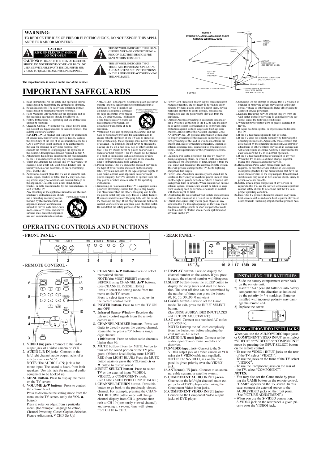 Emerson EWF2703 Important Safeguards, Rear Panel, Remote Control, Installing the Batteries, Using AUDIO/VIDEO Input Jacks 