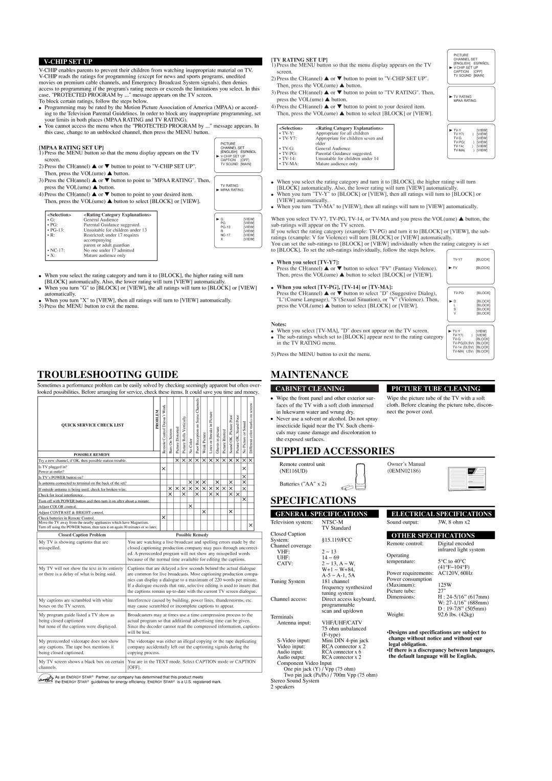 Emerson EWF2703 owner manual Troubleshooting Guide, Maintenance, Supplied Accessories, Specifications 