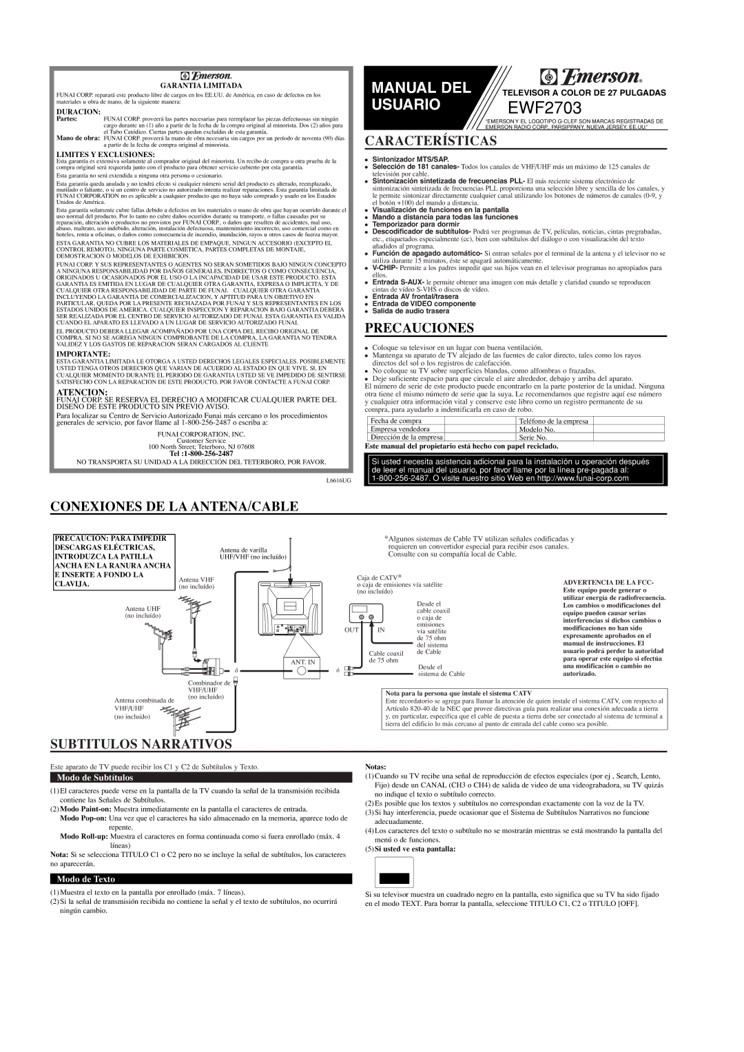 Emerson EWF2703 owner manual Características, Precauciones, Conexiones DE LA ANTENA/CABLE, Subtitulos Narrativos, Atencion 