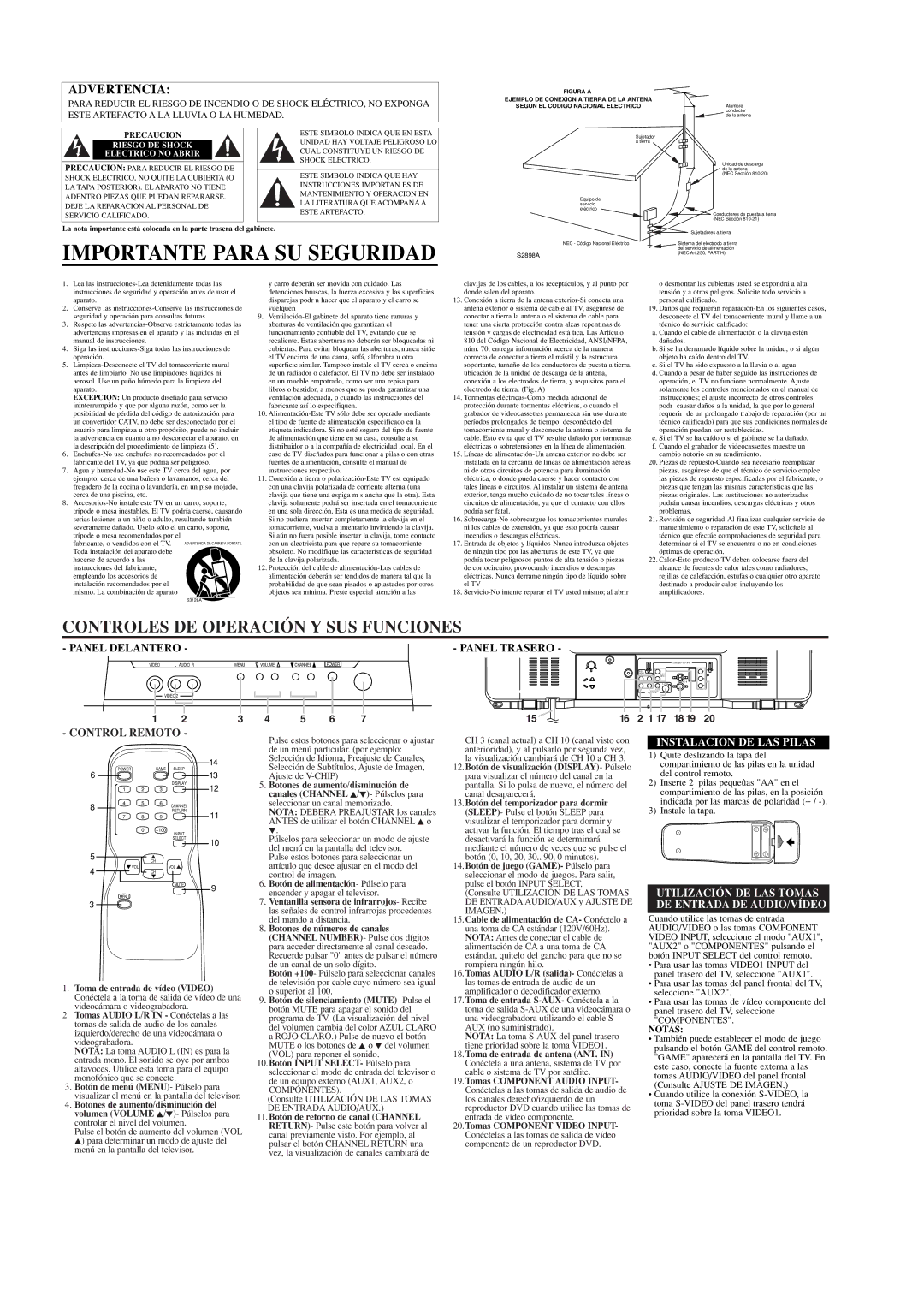 Emerson EWF2703 owner manual Importante Para SU Seguridad, Panel Trasero, Control Remoto, Instalacion DE LAS Pilas 