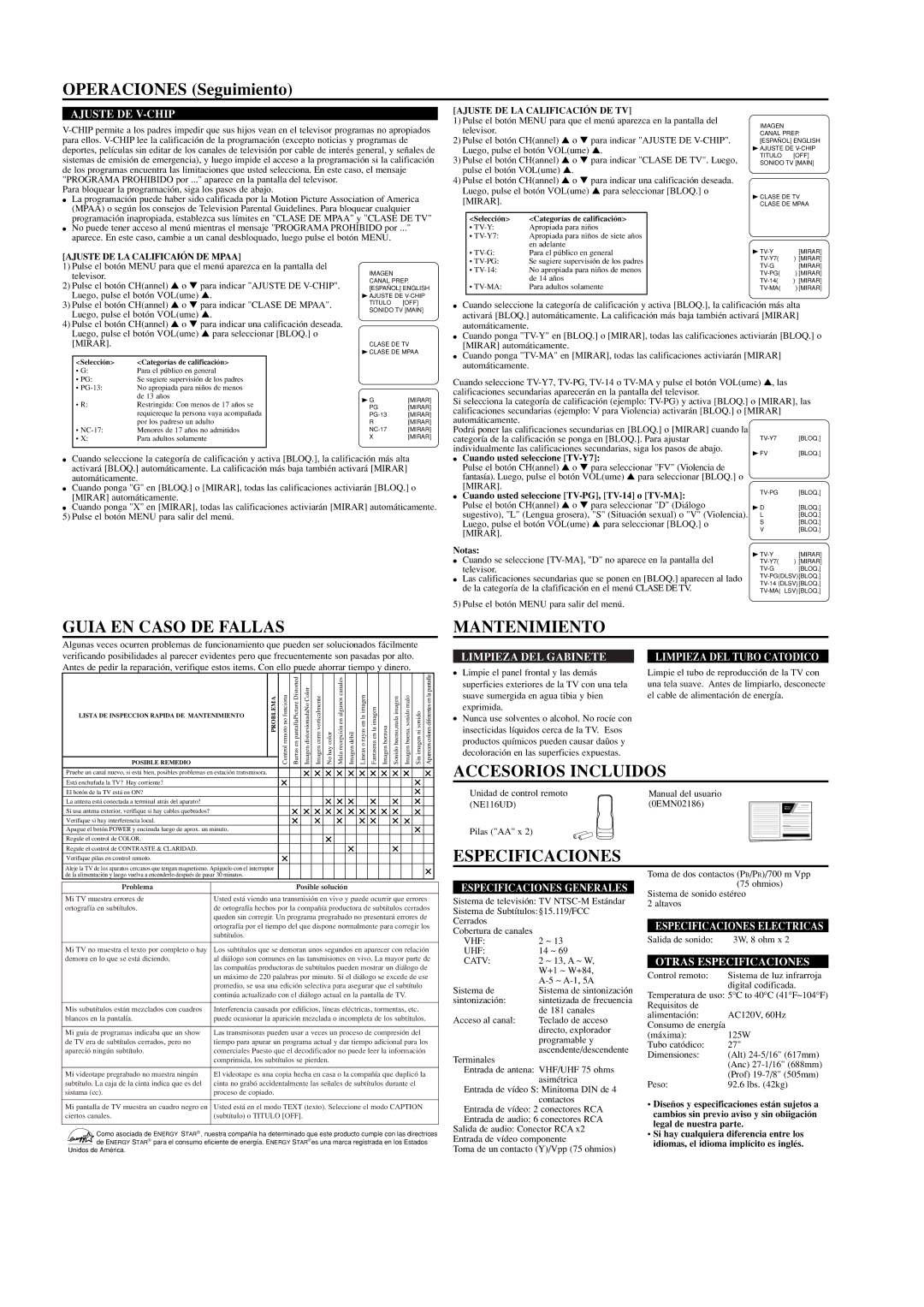 Emerson EWF2703 owner manual Guia EN Caso DE Fallas, Mantenimiento, Accesorios Incluidos, Especificaciones 