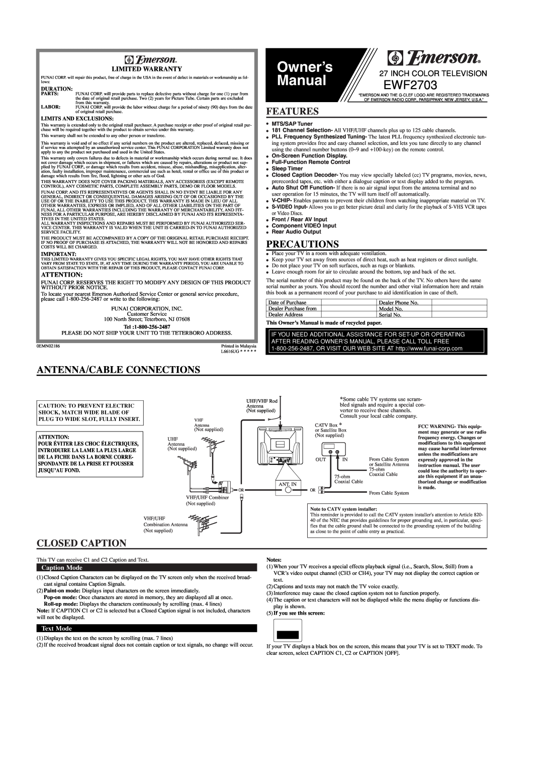 Emerson EWF2703 owner manual Features, Precautions, Antenna/Cable Connections, Closed Caption, Limited Warranty, Text Mode 