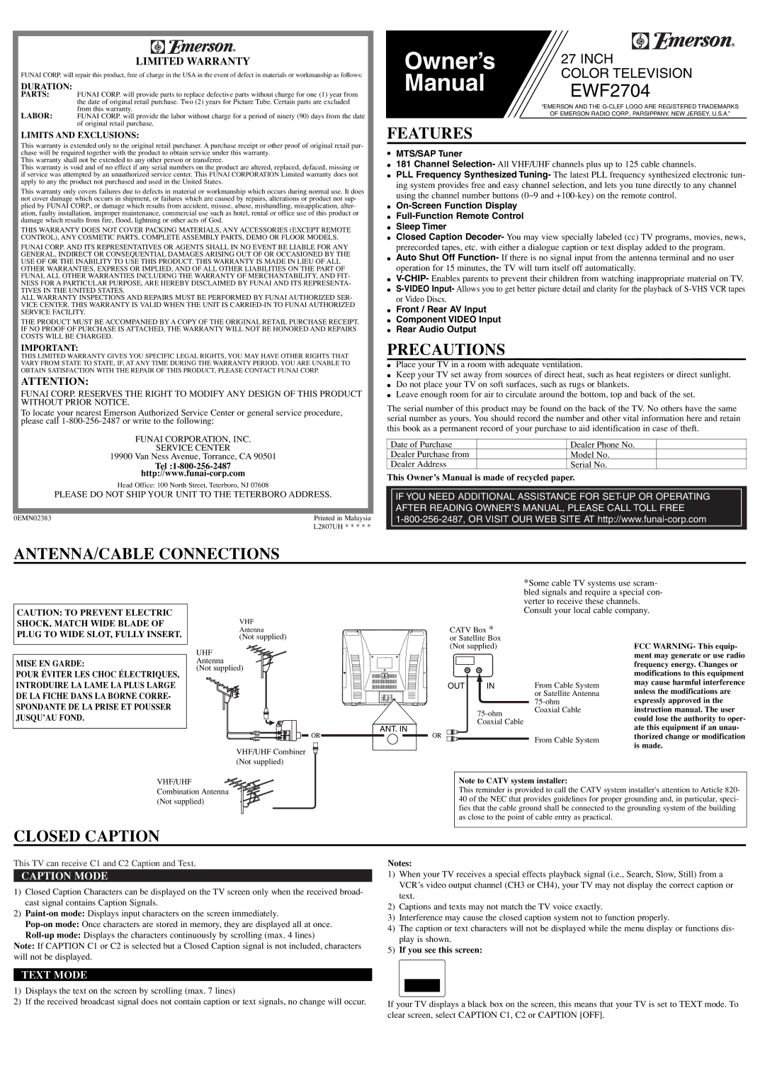 Emerson EWF2704 owner manual Features, Precautions, ANTENNA/CABLE Connections, Closed Caption 