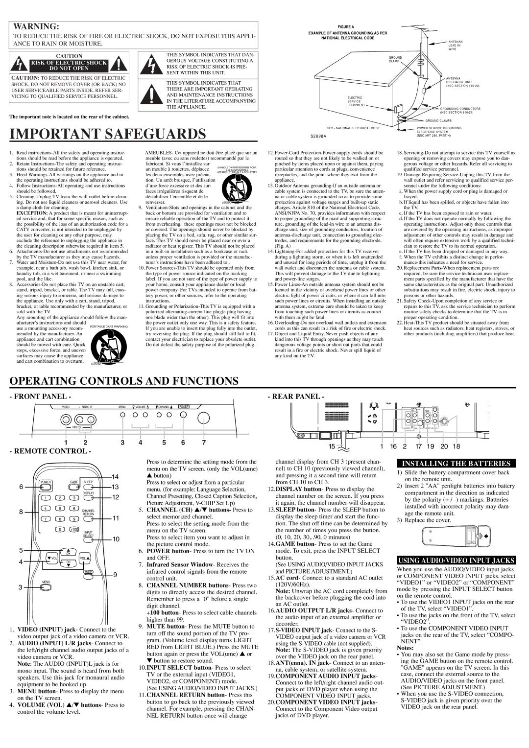 Emerson EWF2704 Important Safeguards, Rear Panel, Installing the Batteries, Using AUDIO/VIDEO Input Jacks, Remote Control 