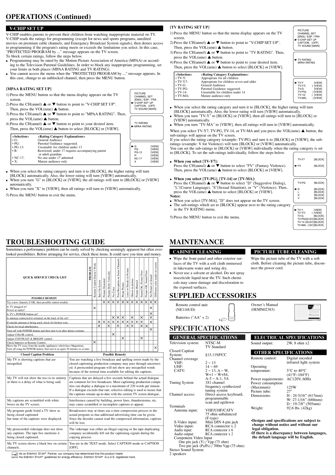 Emerson EWF2704 owner manual Operations, Troubleshooting Guide, Maintenance, Supplied Accessories, Specifications 