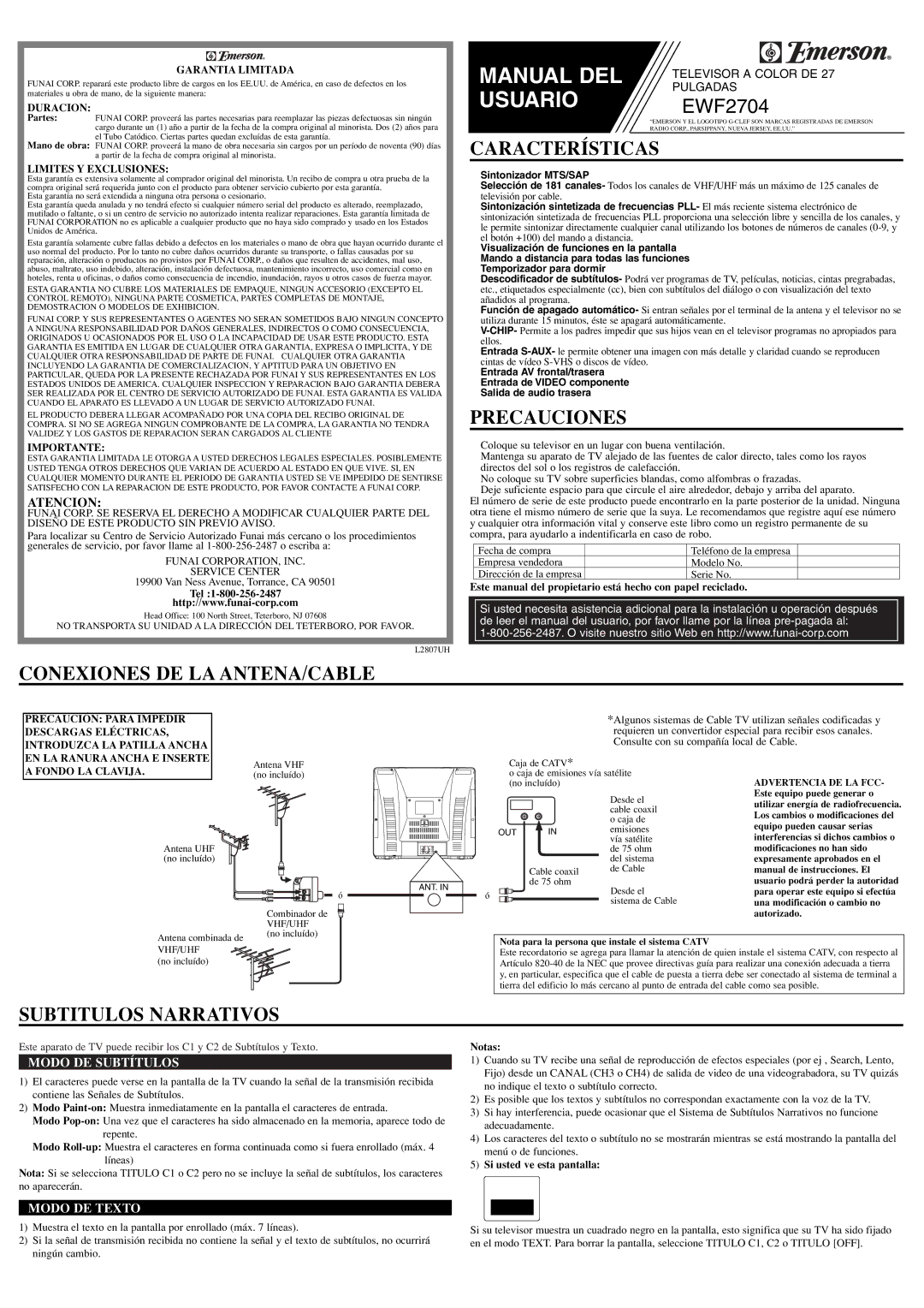 Emerson EWF2704 owner manual Características, Precauciones, Conexiones DE LA ANTENA/CABLE, Subtitulos Narrativos 