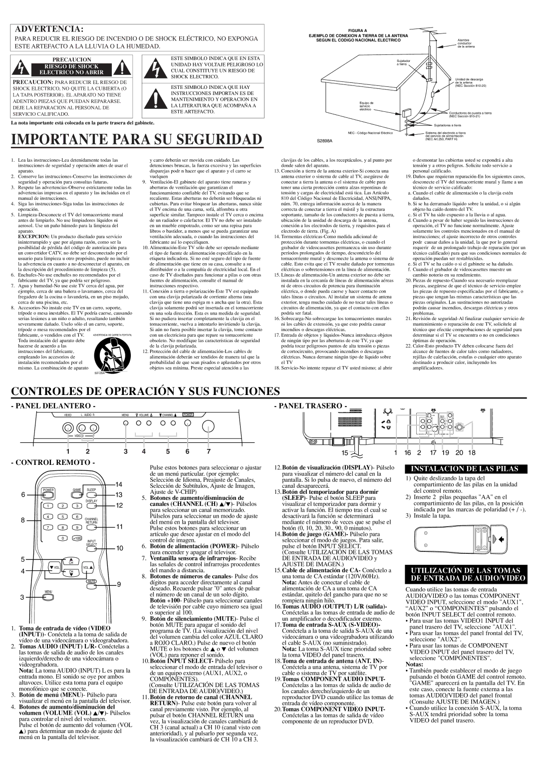 Emerson EWF2704 owner manual Importante Para SU Seguridad, Control Remoto Panel Trasero, Instalacion DE LAS Pilas 