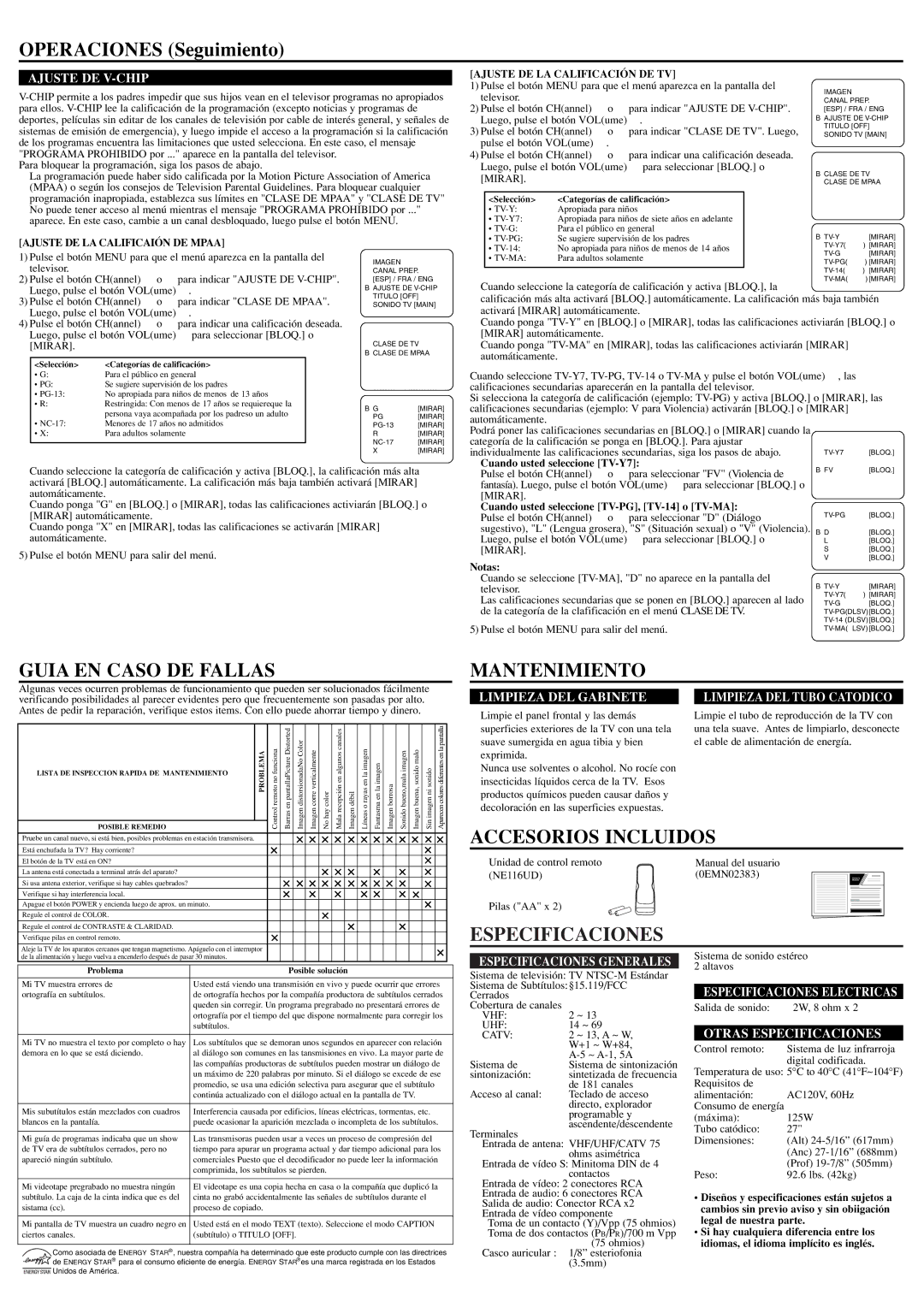 Emerson EWF2704 Operaciones Seguimiento, Guia EN Caso DE Fallas, Mantenimiento, Accesorios Incluidos, Especificaciones 