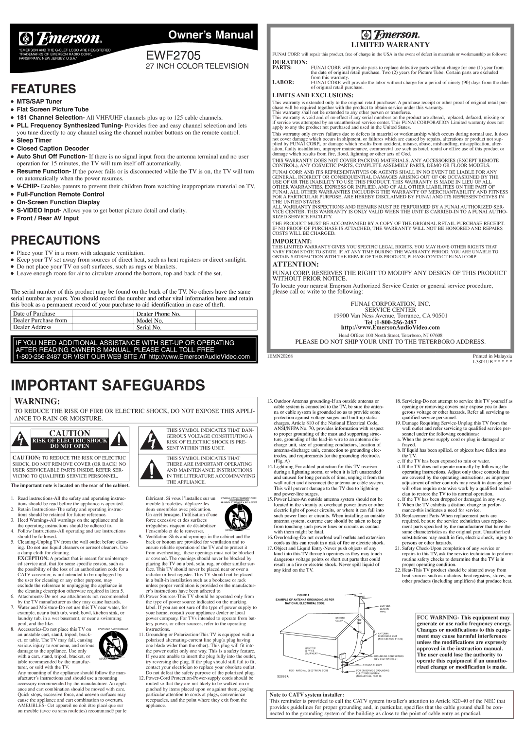 Emerson EWF2705 owner manual Features, Precautions, Limited Warranty 