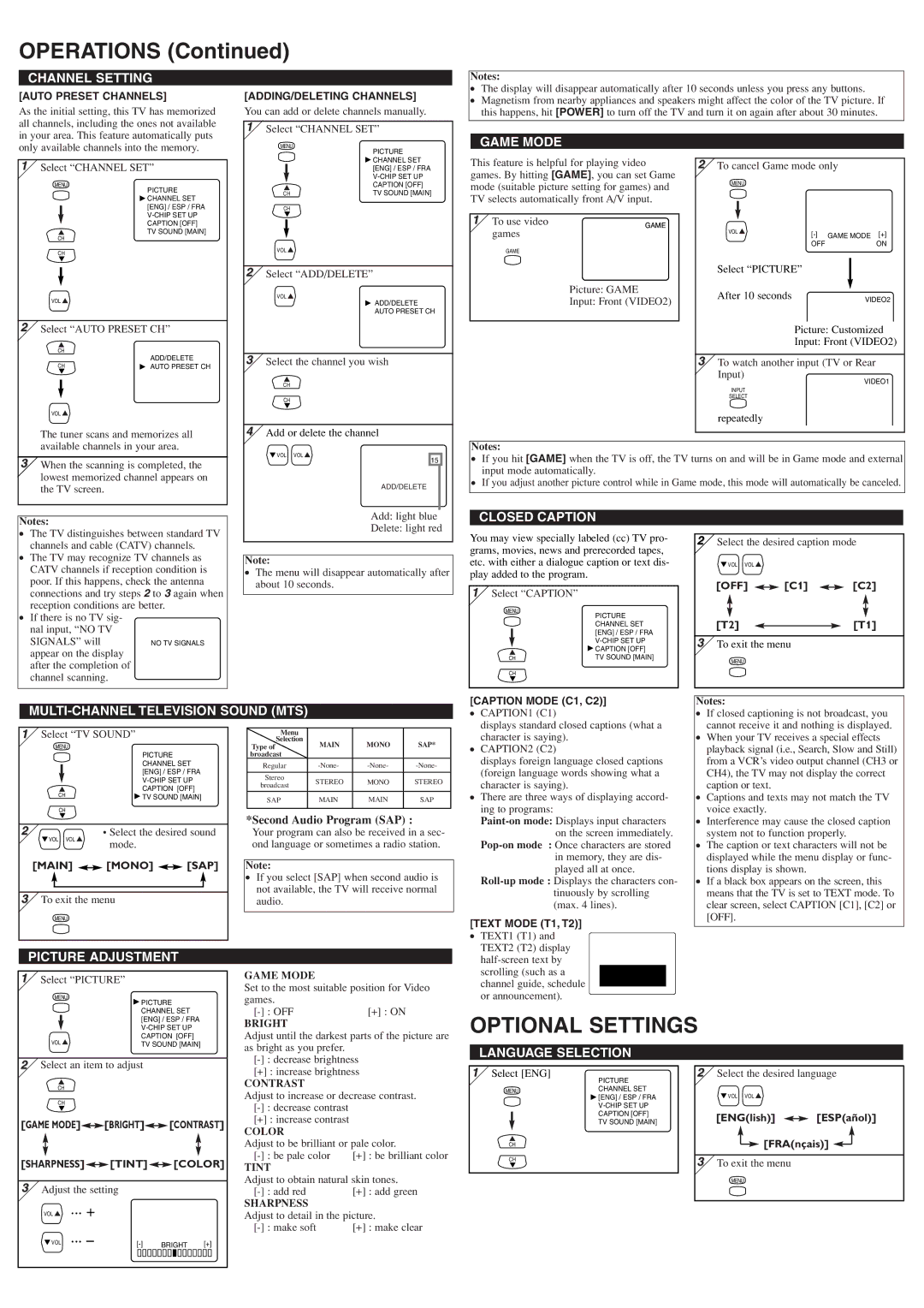 Emerson EWF2705 owner manual Operations, Optional Settings 