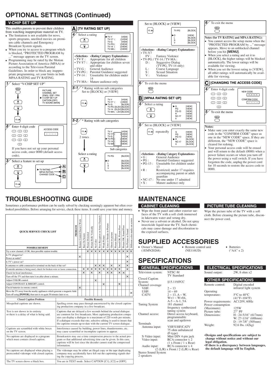 Emerson EWF2705 owner manual Optional Settings, Troubleshooting Guide, Maintenance, Specifications 