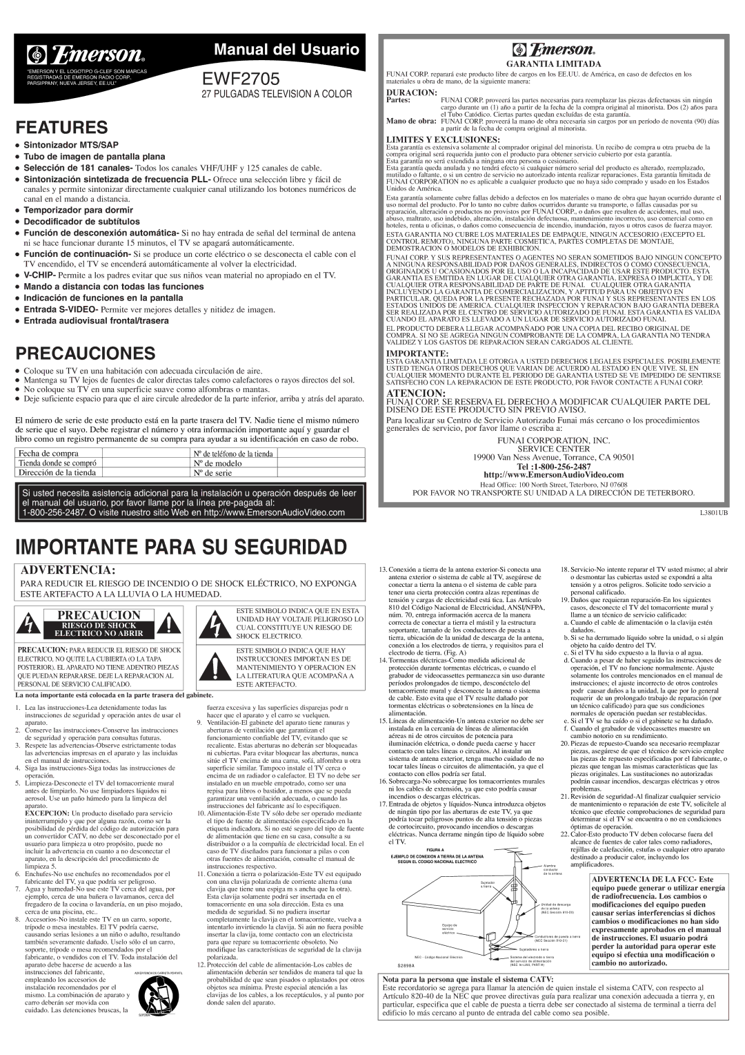 Emerson EWF2705 owner manual Precauciones, Atencion, Sintonizador MTS/SAP Tubo de imagen de pantalla plana 