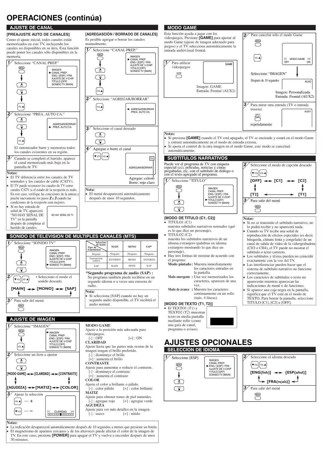 Emerson EWF2705 owner manual Operaciones continúa, Ajustes Opcionales 