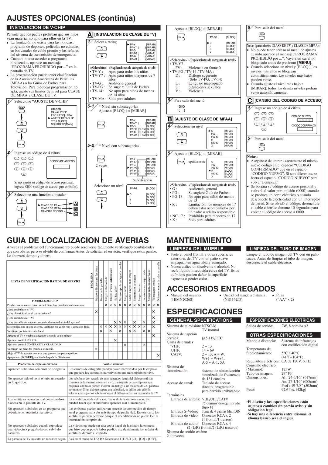 Emerson EWF2705 Ajustes Opcionales continúa, Guia DE Localizacion DE Averias, Mantenimiento, Accesorios Entregados 