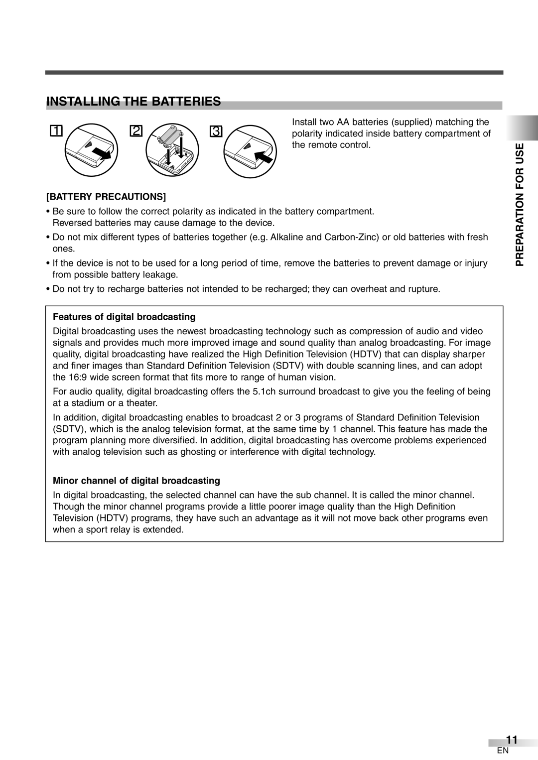 Emerson EWFG2705 owner manual Remote control, Battery Precautions, Features of digital broadcasting 