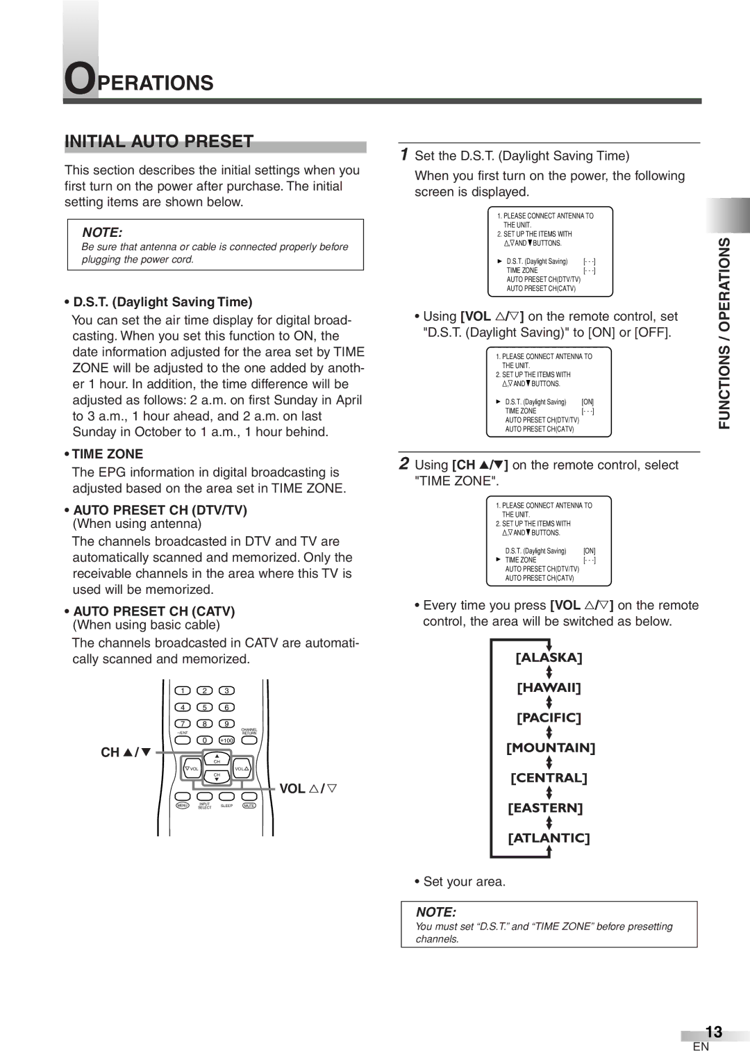 Emerson EWFG2705 owner manual Initial Auto Preset, Functions / Operations, Time Zone 