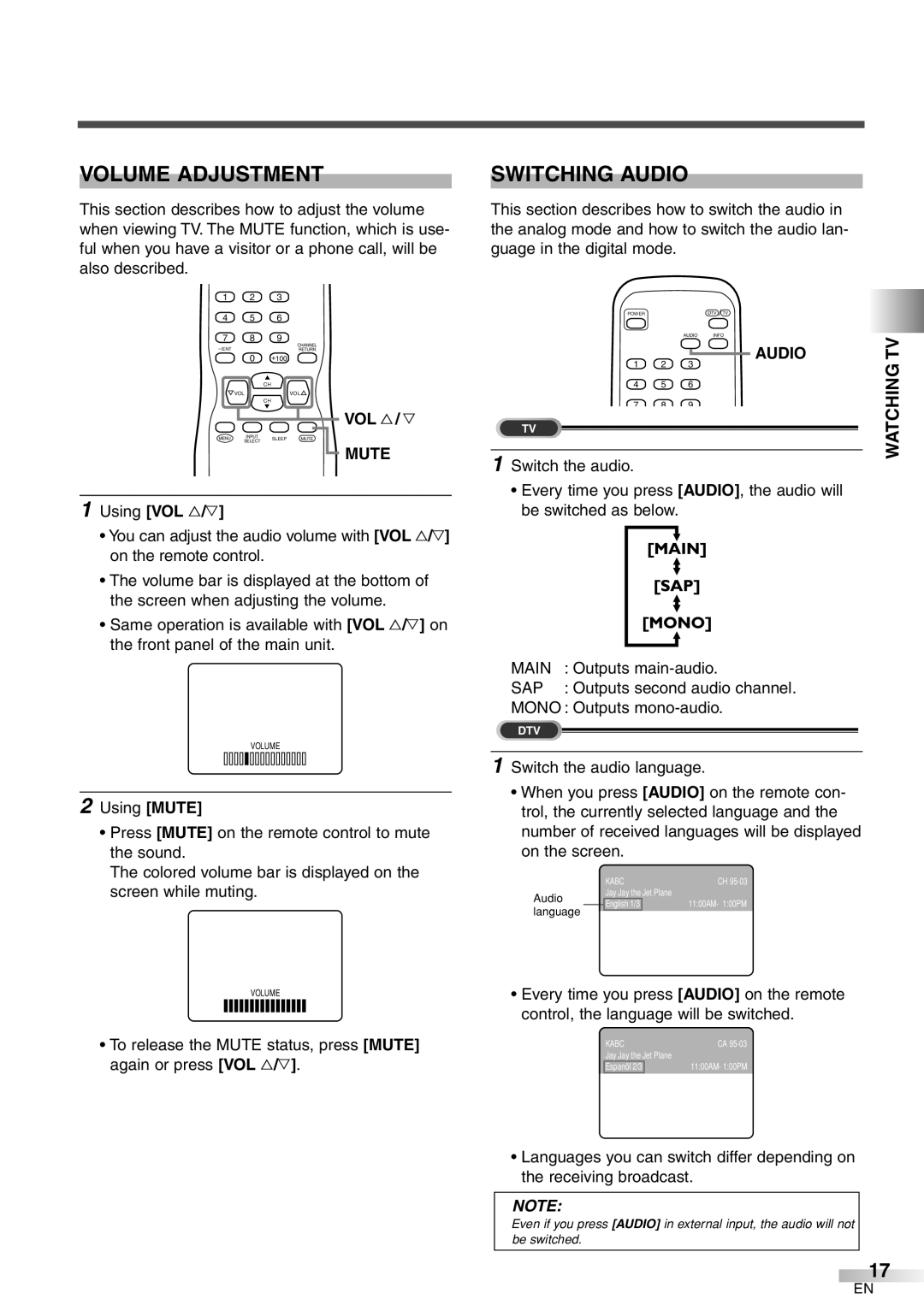 Emerson EWFG2705 owner manual Volume Adjustment, Switching Audio, Mute, Using VOL X/Y 