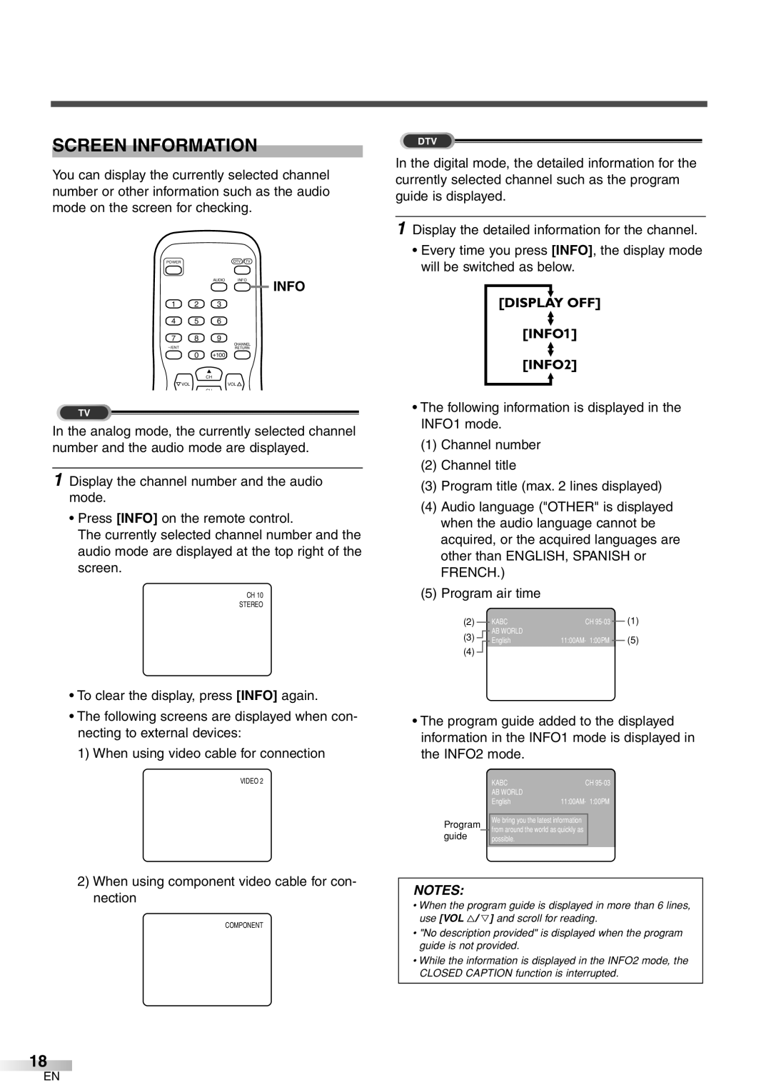 Emerson EWFG2705 owner manual Screen Information, When using component video cable for con- nection 