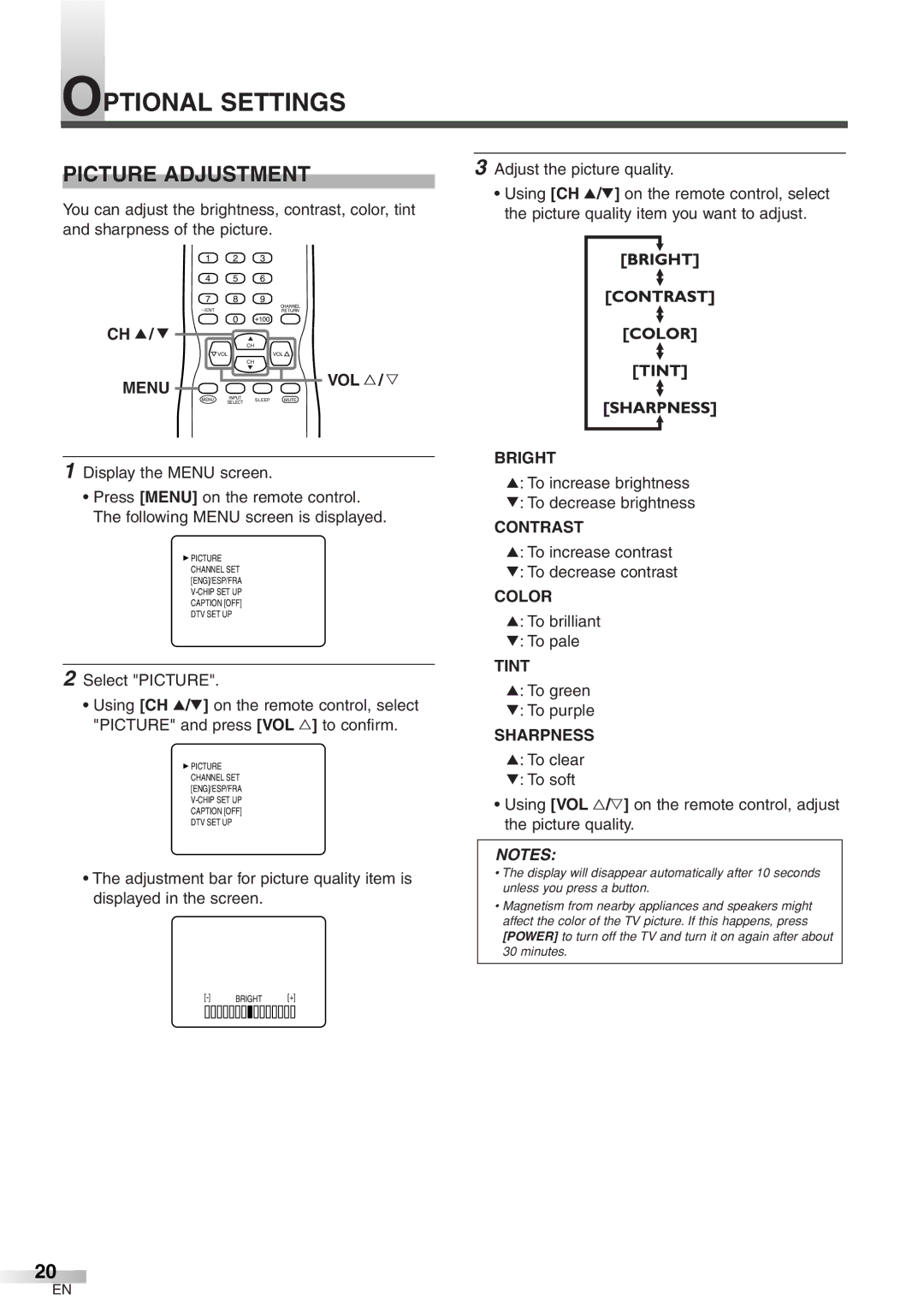 Emerson EWFG2705 owner manual Optional Settings, Picture Adjustment 