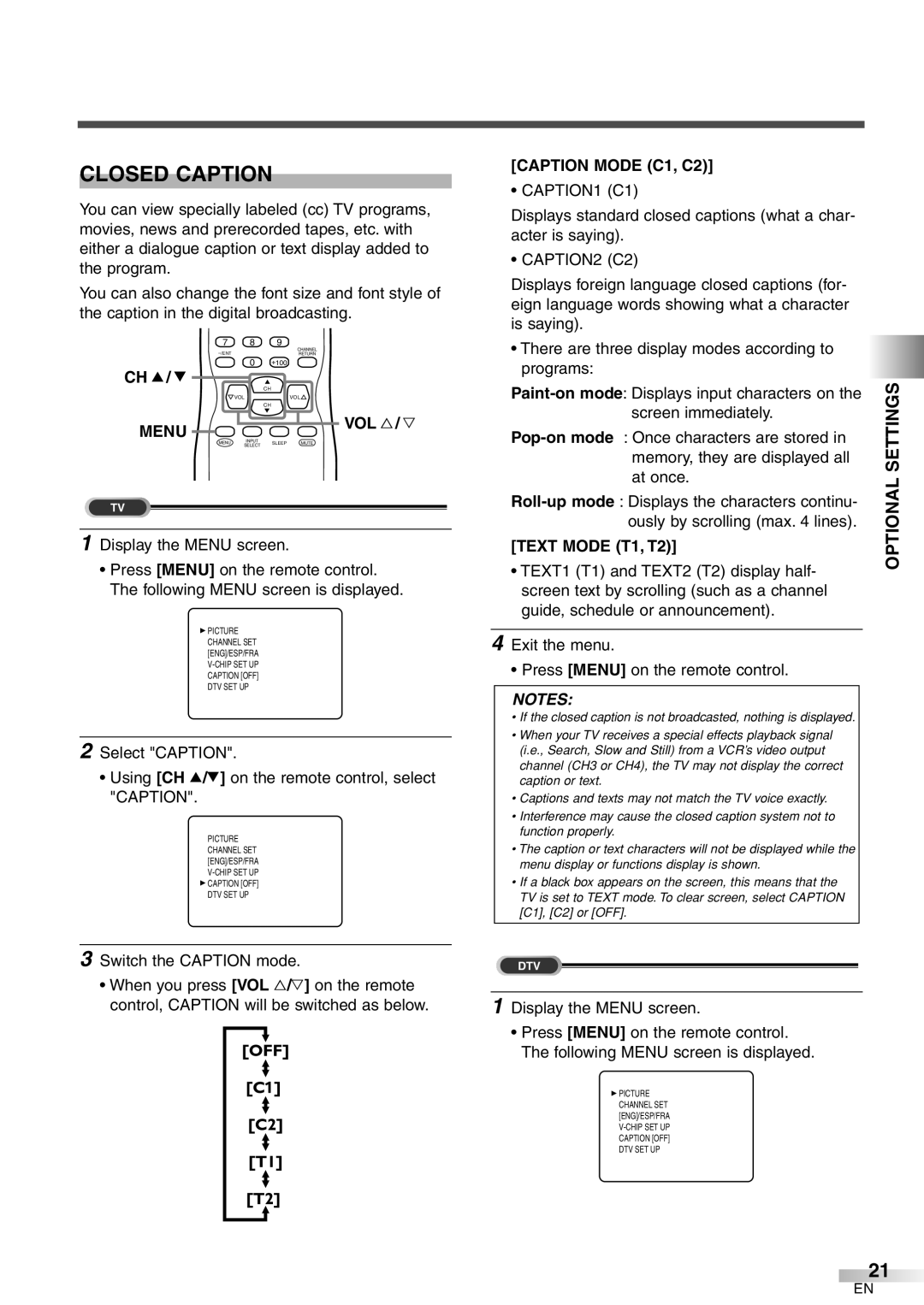 Emerson EWFG2705 owner manual Closed Caption, Optional Settings, Caption Mode C1, C2, Text Mode T1, T2 