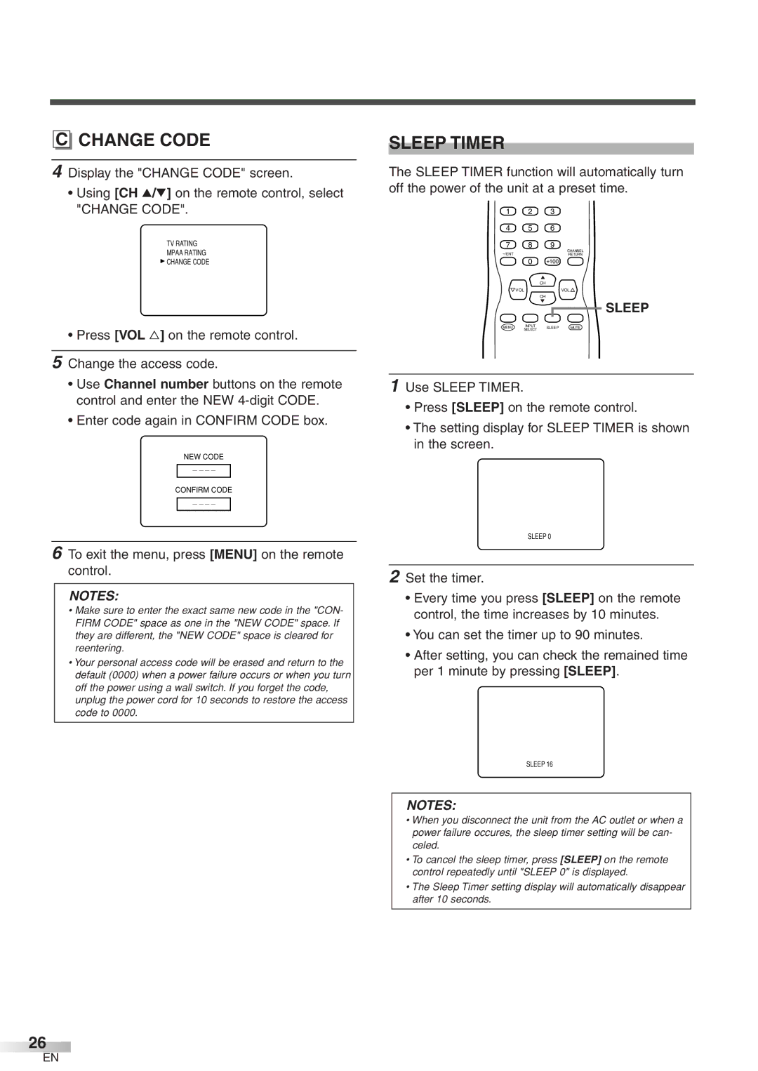 Emerson EWFG2705 owner manual Change Code, Sleep Timer 