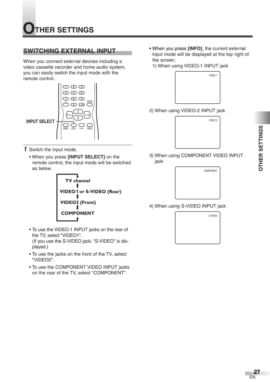 Emerson EWFG2705 owner manual Other Settings, Switching External Input, Input Select 