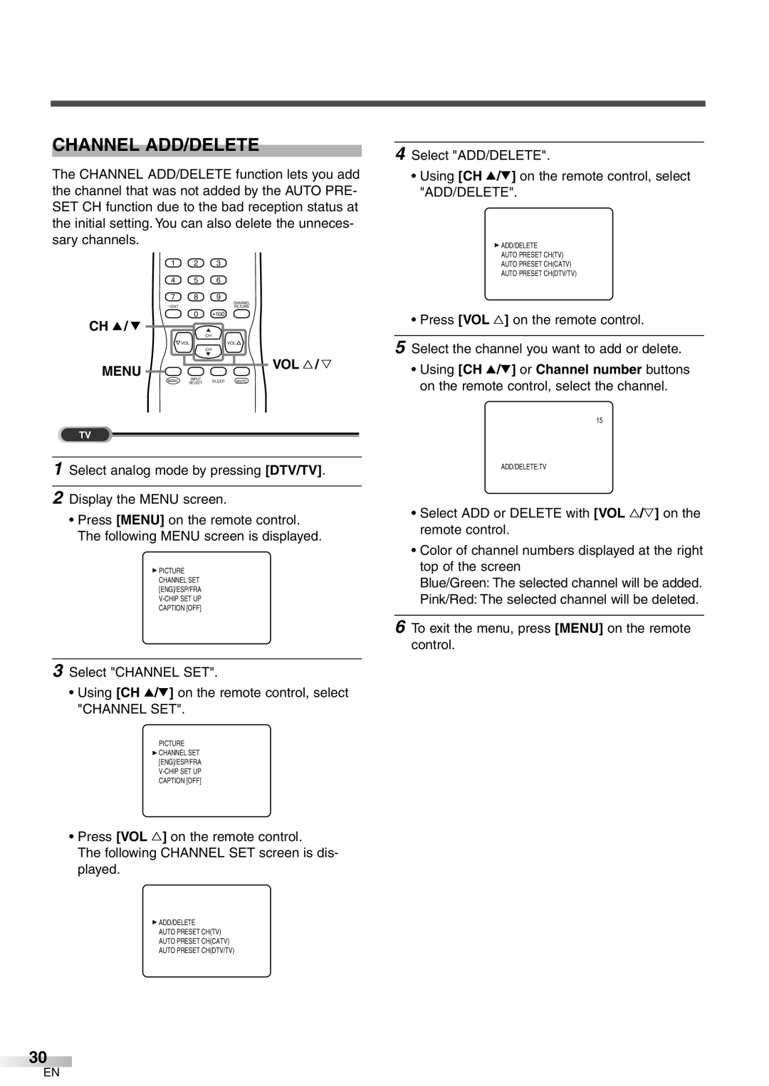 Emerson EWFG2705 owner manual Channel ADD/DELETE, Vol X / Y 