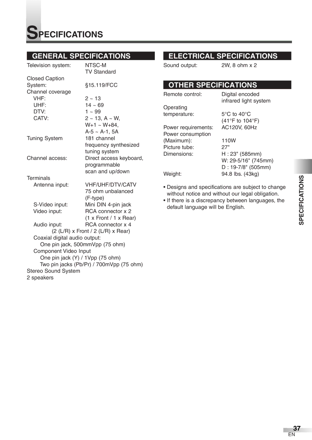 Emerson EWFG2705 owner manual Specifications, Ntsc-M 