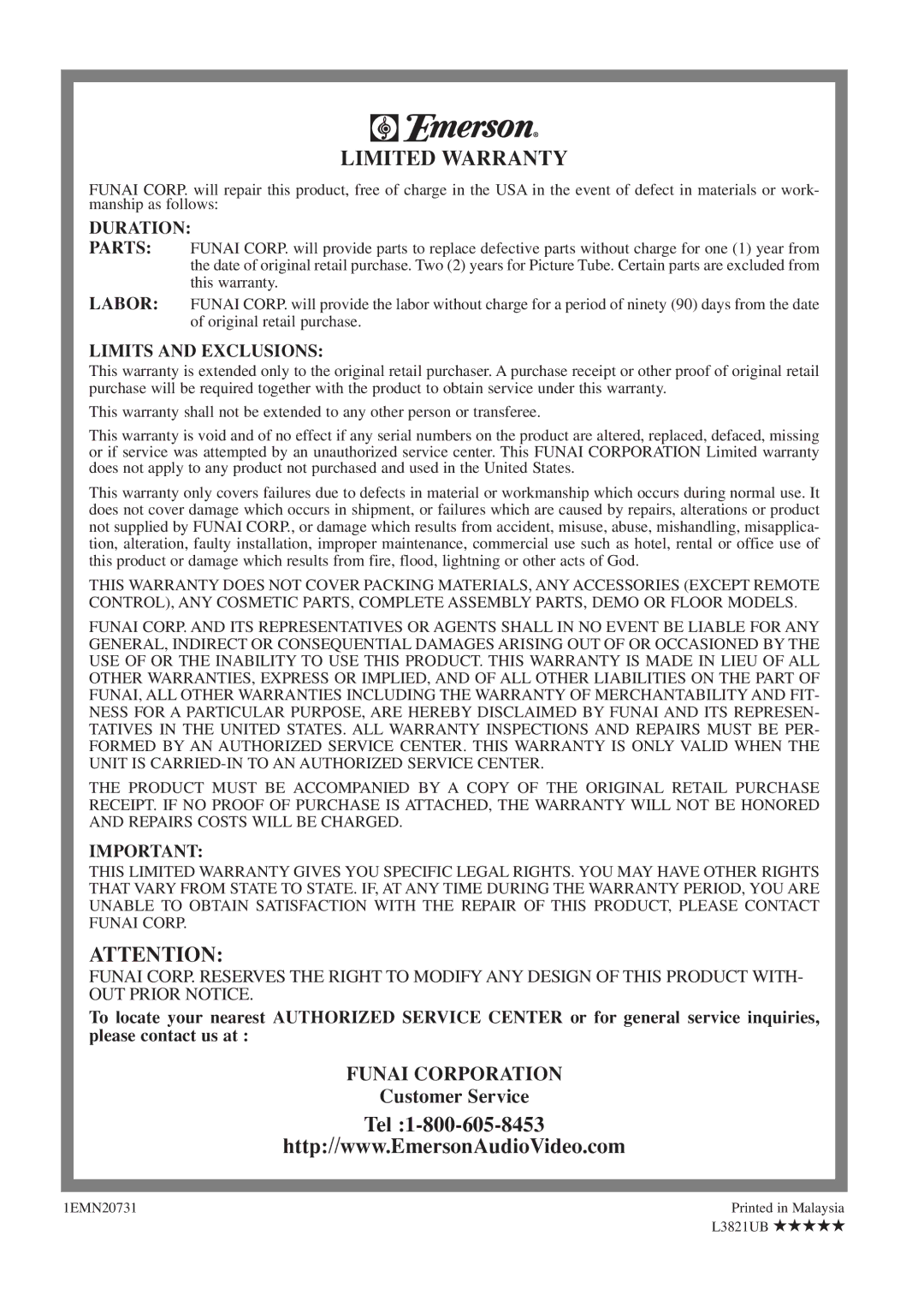 Emerson EWFG2705 owner manual Limited Warranty 