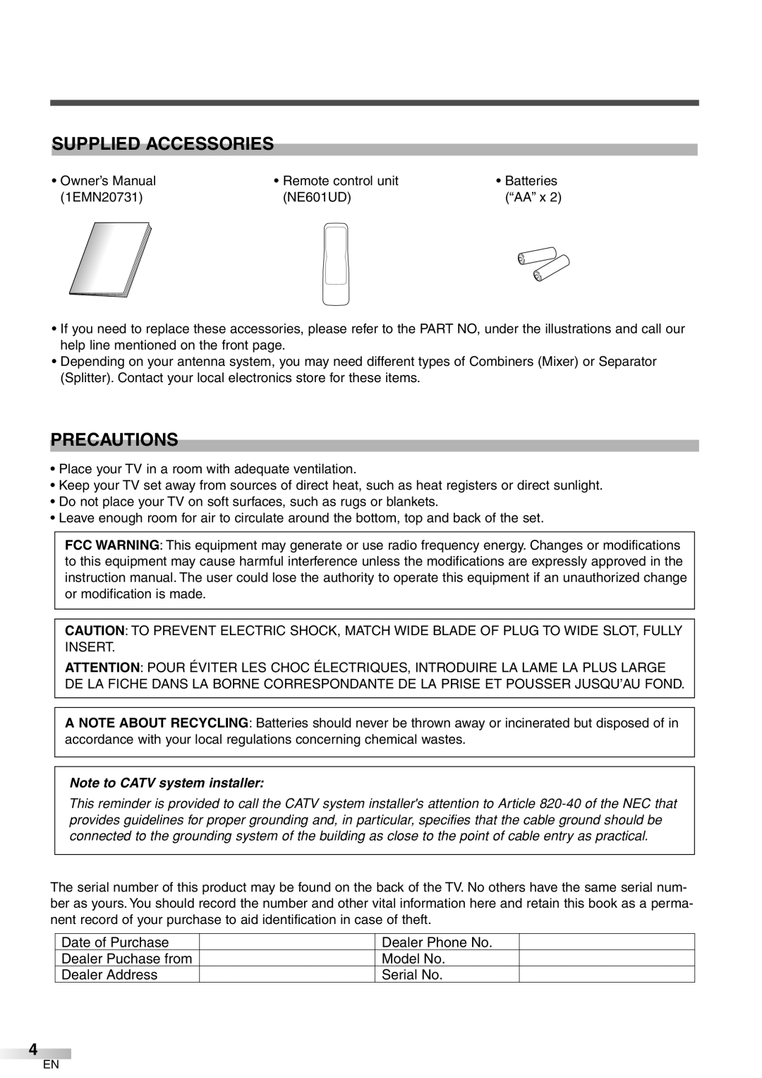 Emerson EWFG2705 owner manual Supplied Accessories, Precautions 