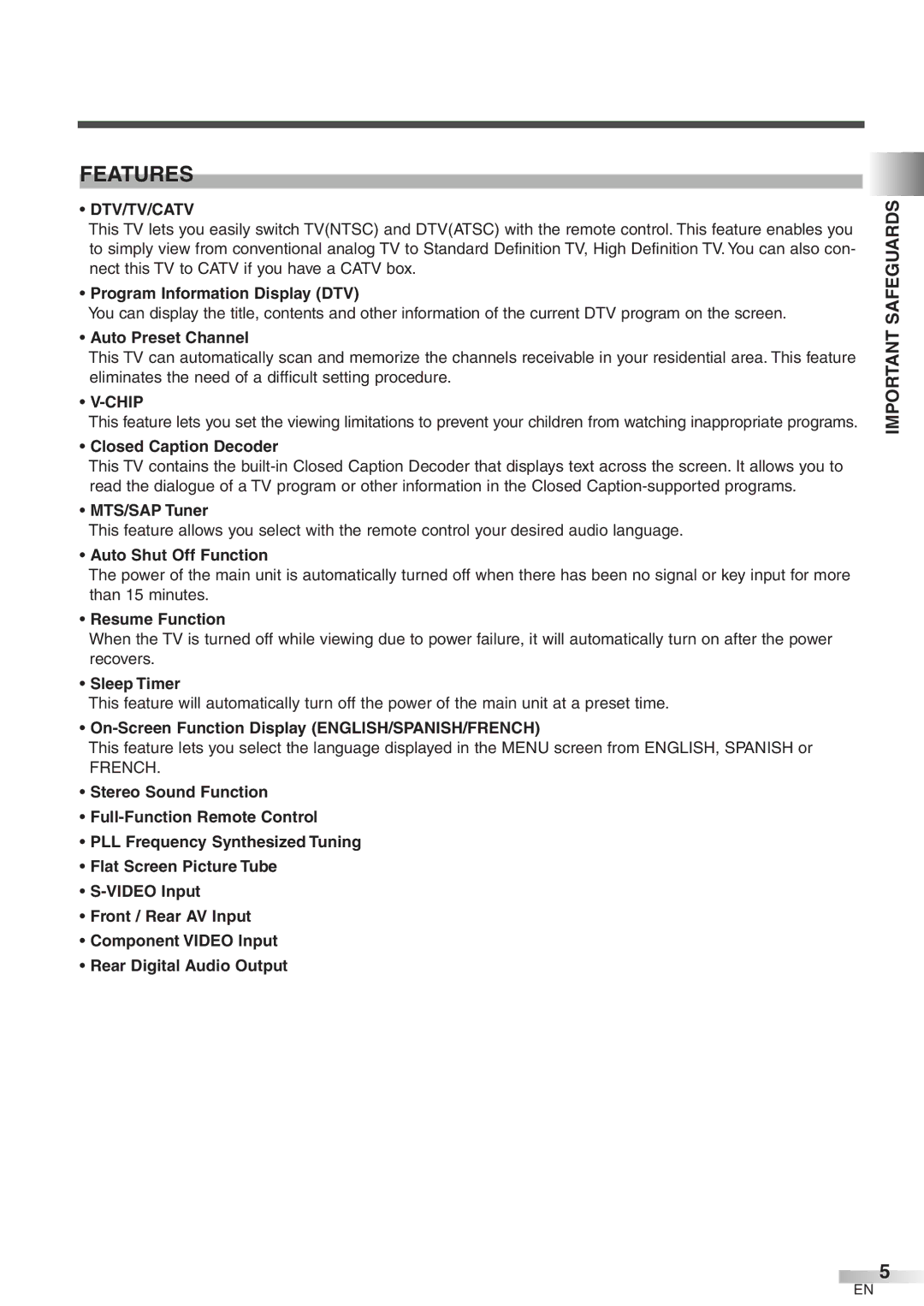 Emerson EWFG2705 owner manual Features, Dtv/Tv/Catv, Chip 