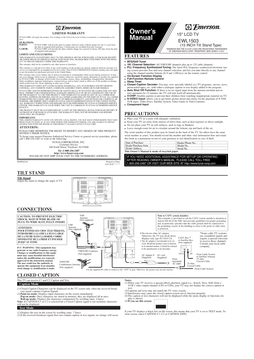 Emerson EWL1503 owner manual Features, Precautions, Tilt Stand, Connections, Closed Caption 