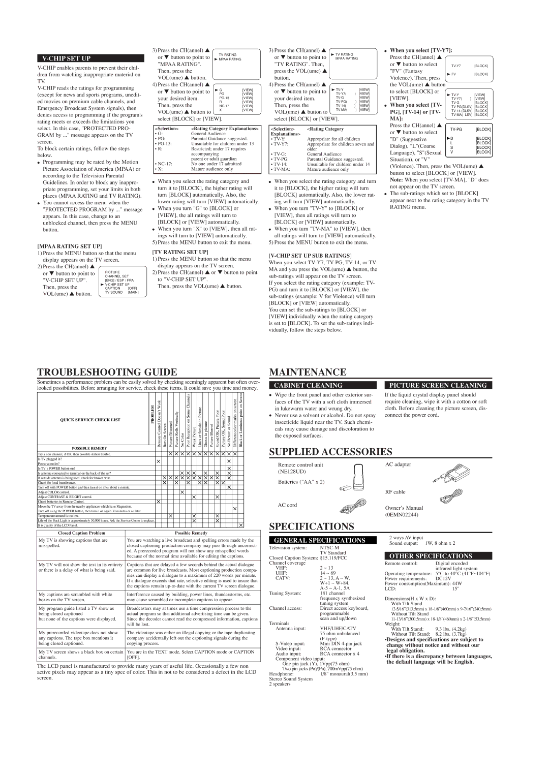 Emerson EWL1503 owner manual Troubleshooting Guide, Maintenance, Supplied Accessories, Specifications 