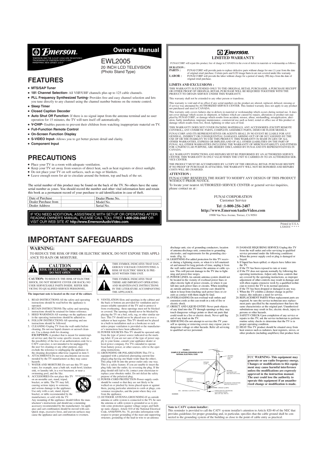 Emerson EWL2005 owner manual Important Safeguards, Features, Precautions, Limited Warranty, Tel 