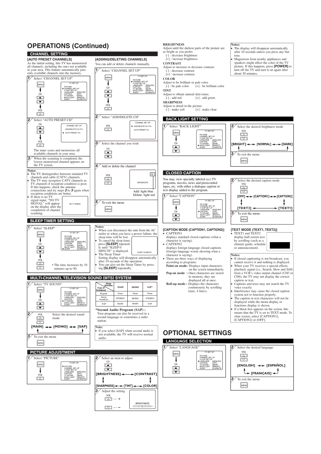 Emerson EWL2005 owner manual Operations, Optional Settings 