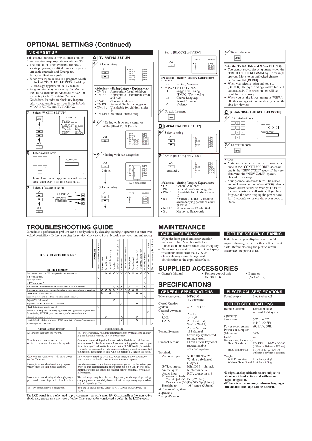 Emerson EWL2005 owner manual Optional Settings, Troubleshooting Guide, Maintenance, Specifications 