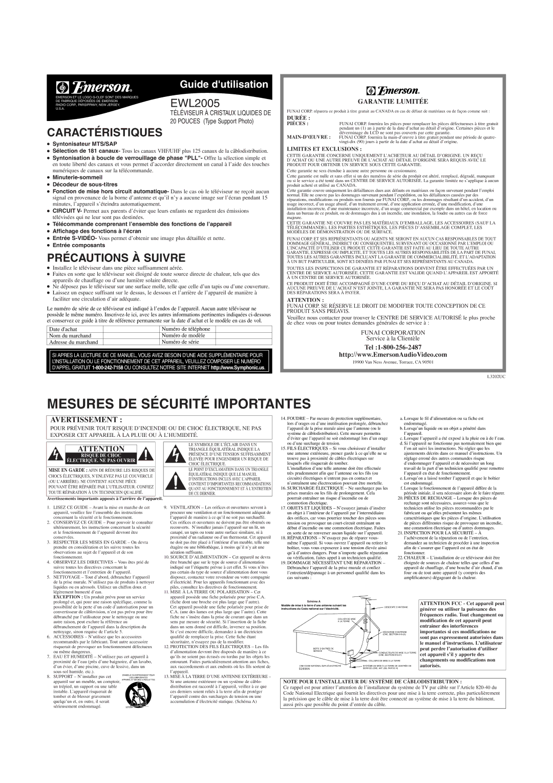 Emerson EWL2005 owner manual Mesures DE Sécurité Importantes, Caractéristiques, Précautions À Suivre, Garantie Lumitée 