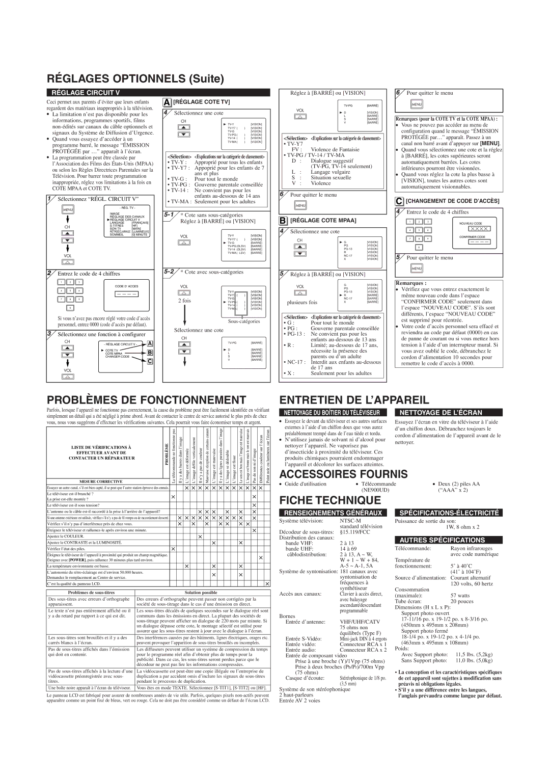 Emerson EWL2005 Réglages Optionnels Suite, Problèmes DE Fonctionnement, Entretien DE L’APPAREIL, Accessoires Fournis 