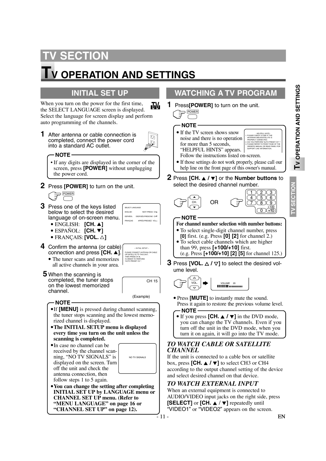 Emerson EWL20D6 TV Operation and Settings, Initial SET UP, Watching a TV Program, To Watch Cable or Satellite Channel 