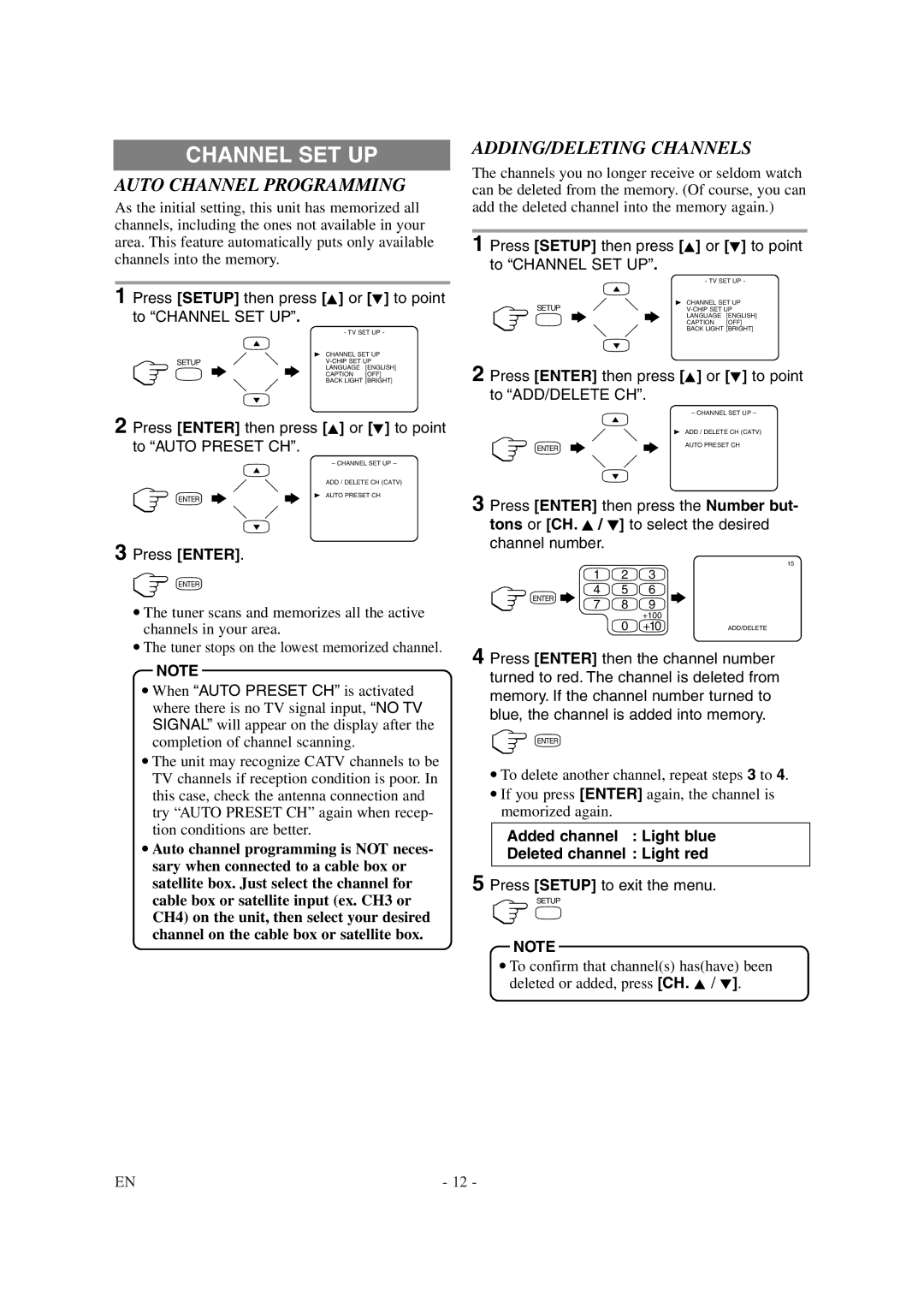 Emerson EWL20D6 owner manual Channel SET UP, Auto Channel Programming, ADDING/DELETING Channels 