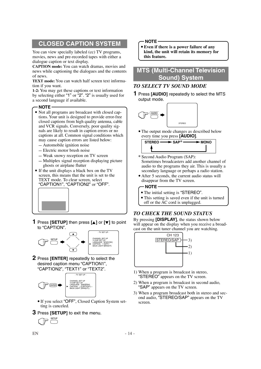 Emerson EWL20D6 owner manual Closed Caption System, To Select TV Sound Mode, To Check the Sound Status 