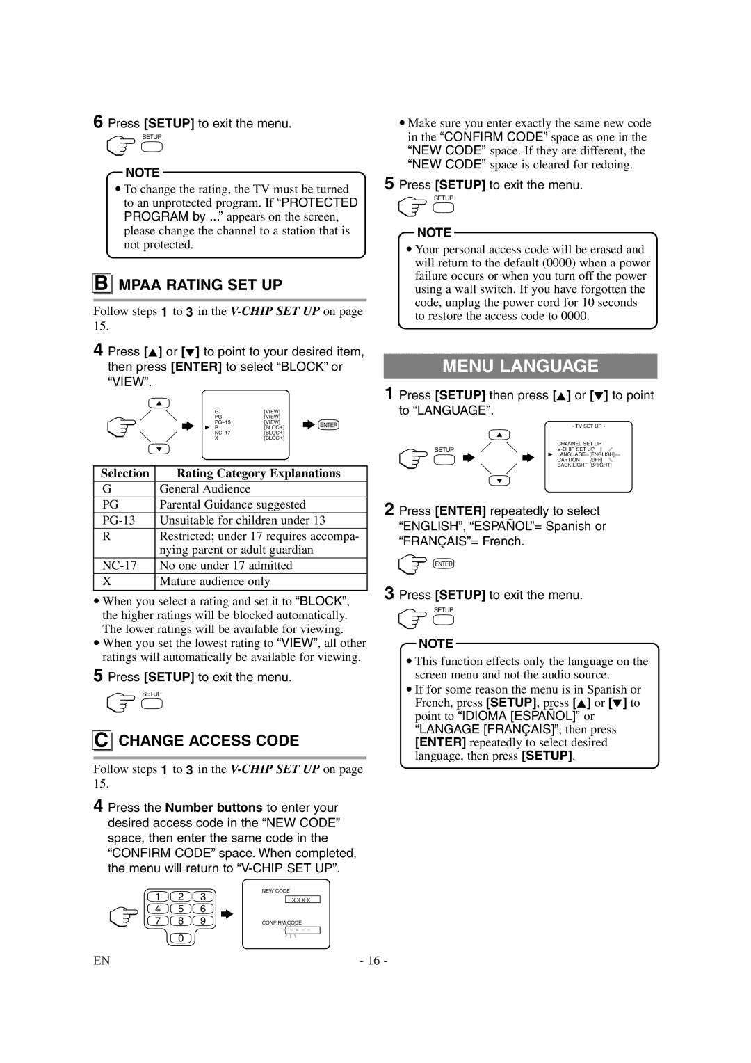 Emerson EWL20D6 Menu Language, Mpaa Rating SET UP, Change Access Code, Press Setup then press K or L to point to Language 