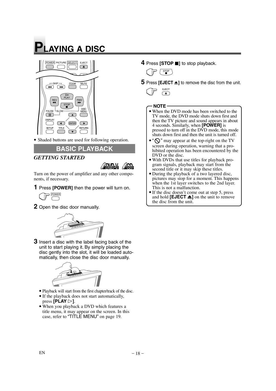 Emerson EWL20D6 owner manual Playing a Disc, Basic Playback, Getting Started 