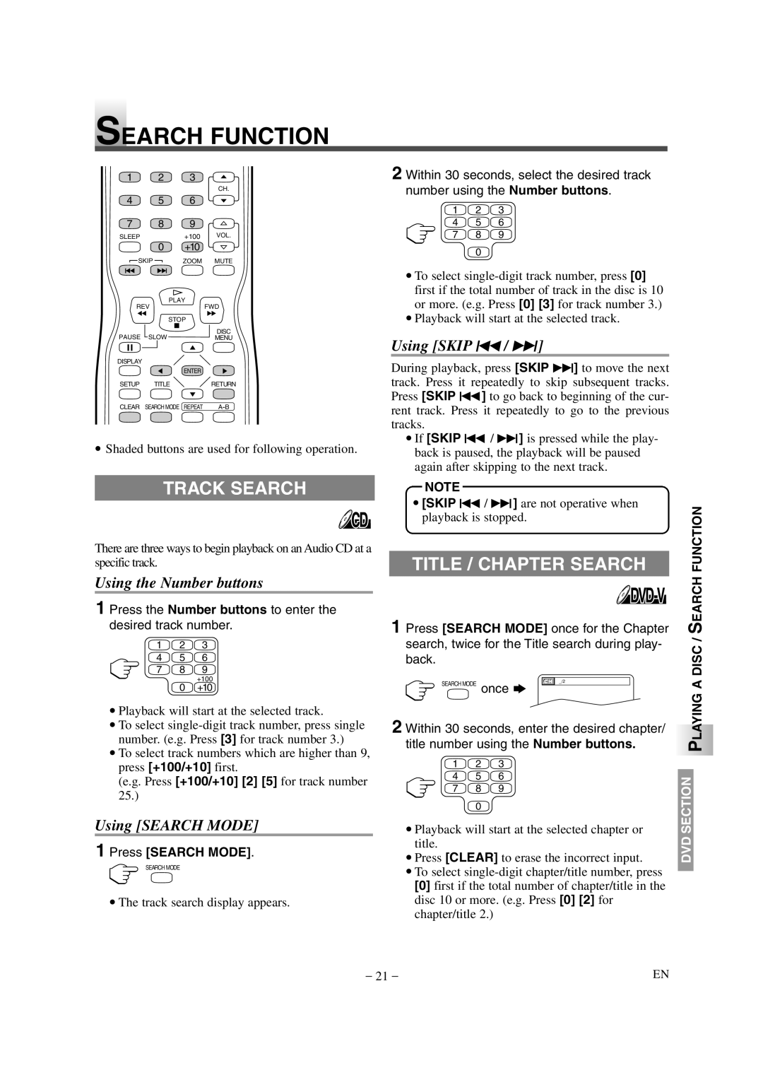 Emerson EWL20D6 Search Function, Track Search, Title / Chapter Search, Playing a Disc / Search, Press Search Mode 