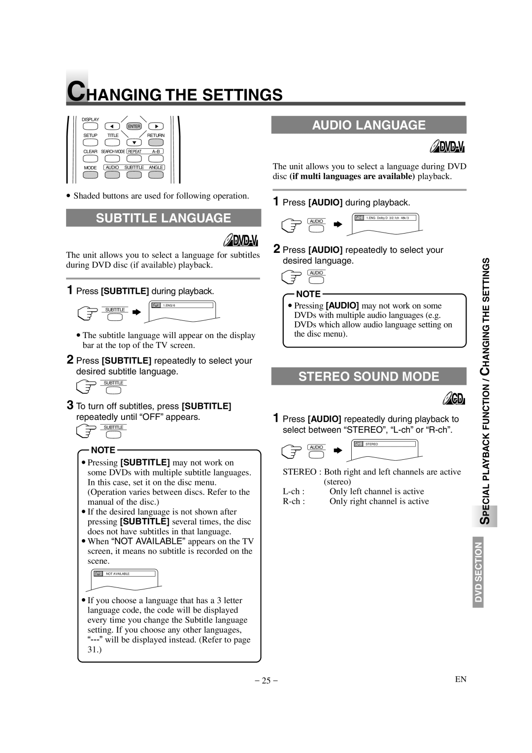 Emerson EWL20D6 owner manual Changing the Settings, Subtitle Language, Audio Language, Stereo Sound Mode, Function 