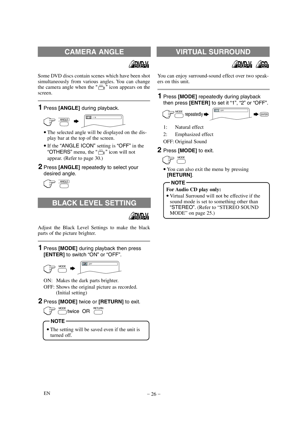 Emerson EWL20D6 owner manual Camera Angle, Black Level Setting, Return, For Audio CD play only 